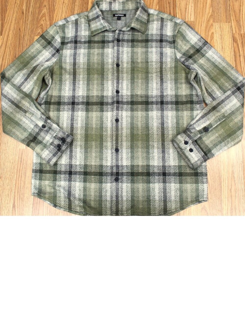 EXPRESS REGULAR FIT FLANNEL SHIRT POLY/RAYON GREEN PLAID Sz LARGE, L